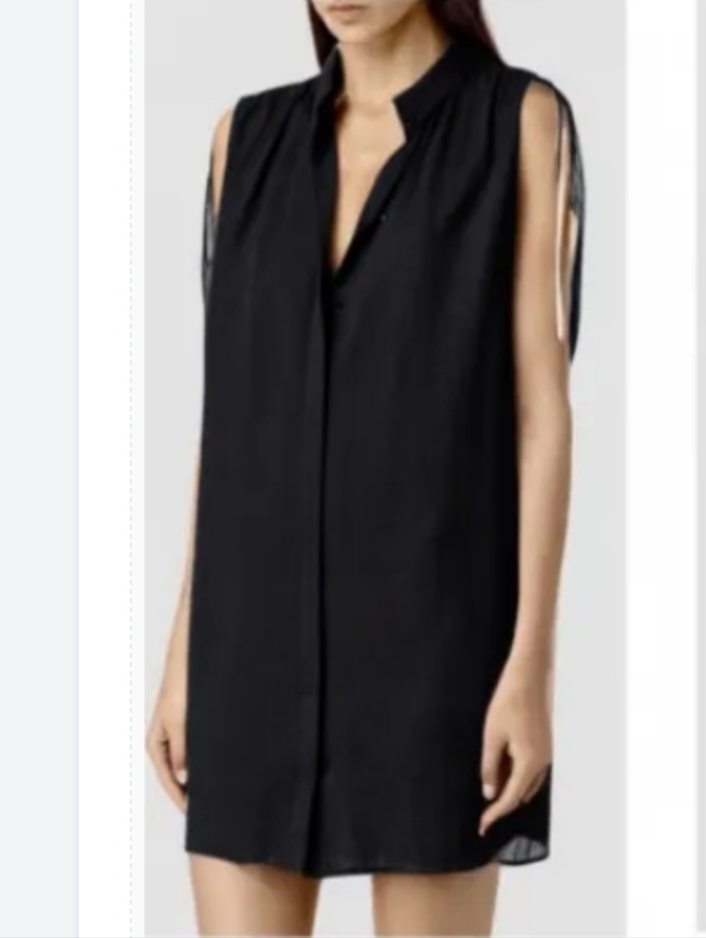 $215 All Saints Drain Ruched Shoulders Buttoned Shirt Top Tunic Mini Black Dress